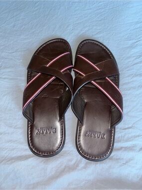 Bally Brown Leather Cross-Strap Sandals with Burgundy Accent / Sz 8 EUC